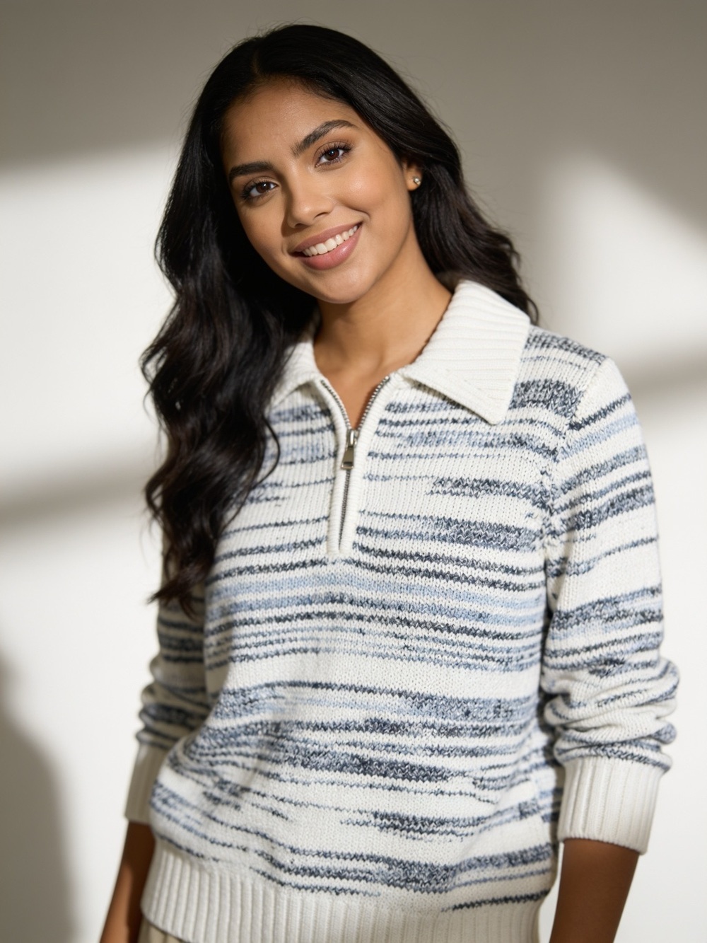 Matty M Cream & Navy Striped Half-Zip Collared Sweater. Size S